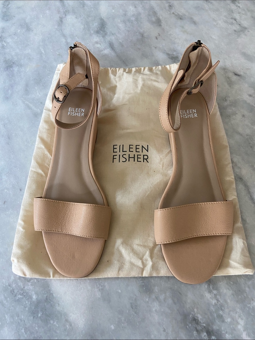 Eileen Fisher Nude Leather Ankle-Strap Sandals
